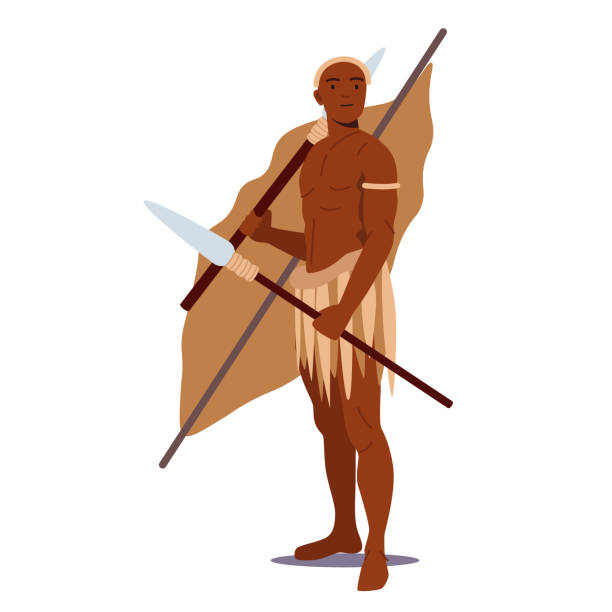 Portrait of African Character with Dark Skin, Warrior with Weapon Isolated on White Background. Man Wear Tribal Clothes Portrait of African Male Character with Dark Skin, Warrior with Weapon Isolated on White Background. Man Wear Tribal Clothes Holding Spears for Hunting or War. Cartoon People Vector Illustration african warriors stock illustrations
