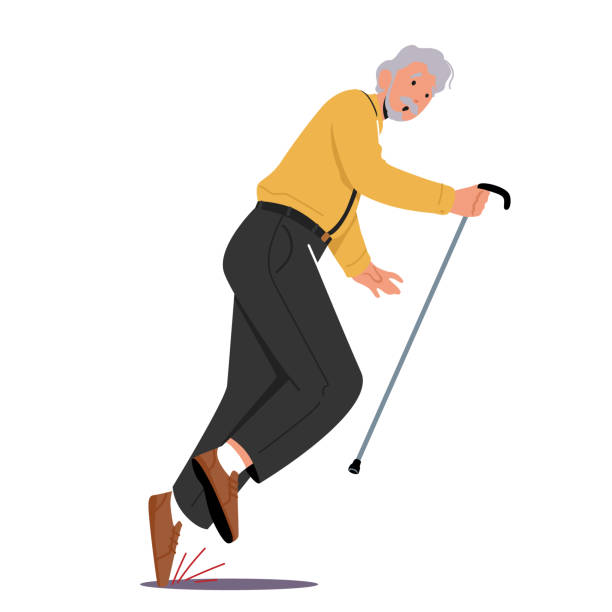 illustrazioni stock, clip art, cartoni animati e icone di tendenza di personaggio maschile senior inciampa nella pietra sulla strada cadendo a terra. goffaggine del vecchio, fallimento, frattura - falling people tripping senior adult