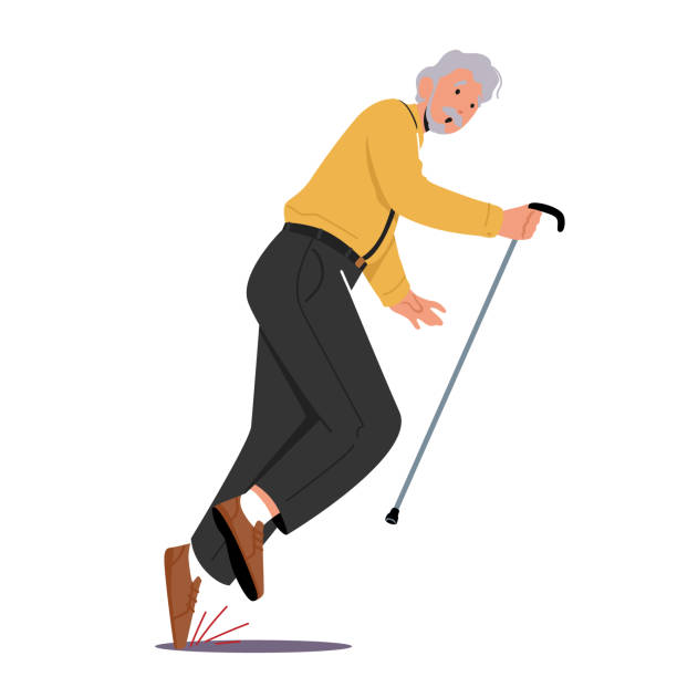シニア男性キャラクターは、地面に落ちる道路上の石をつまずきます。老人の不器用さ、失敗、骨折 - stumbling点のイラスト素材／クリップアート素材／マンガ素材／アイコン素材