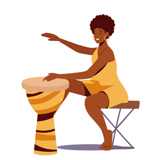 illustrazioni stock, clip art, cartoni animati e icone di tendenza di personaggio femminile africano che suona il tamburo isolato su sfondo bianco. donna di pelle scura in abito giallo eseguire concerto - dancing africa ethiopian culture ethiopia