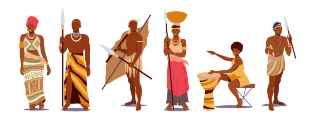 African People in Traditional Clothes Isolated on White Background. Male and Female Characters in National Costumes African People in Traditional Clothes Isolated on White Background. Male and Female Characters in National Costumes Playing Drum, Carry Bowl on Head, Primitive Culture. Cartoon Vector Illustration african warriors stock illustrations