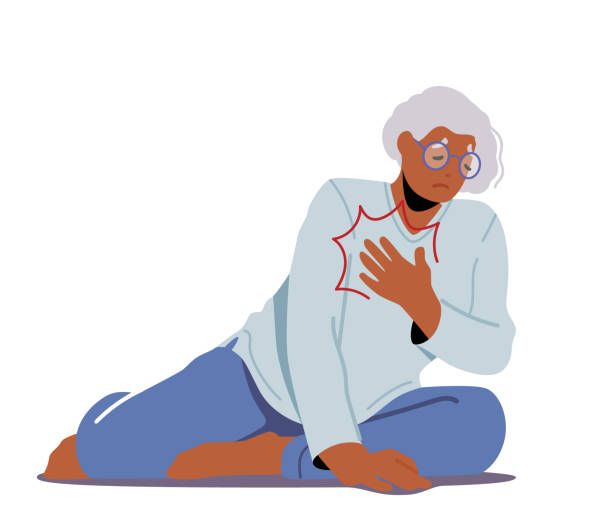 ilustrações, clipart, desenhos animados e ícones de mulher idosa infeliz sentada no chão segurando o coração, personagem feminina idosa cair devido a problema de saúde, cardiologia - falling senior adult people one person