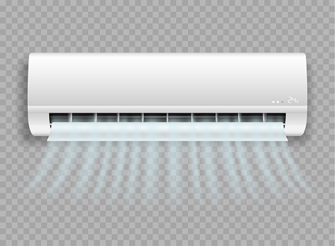 Air conditioner handing on wall blowing fresh wind realistic icon. Split system for climate control
