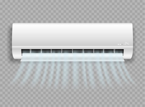 Air conditioner handing on wall blowing fresh wind realistic icon. Split system for climate control vector art illustration