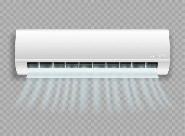Vector illustration of Air conditioner handing on wall blowing fresh wind realistic icon. Split system for climate control