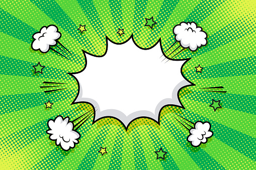 Pop art comic pattern. Halftone starburst background. Green dotted print with speech bubble and smoke clouds. Cartoon vintage texture. Duotone banner with half tone effect. Vector illustration.