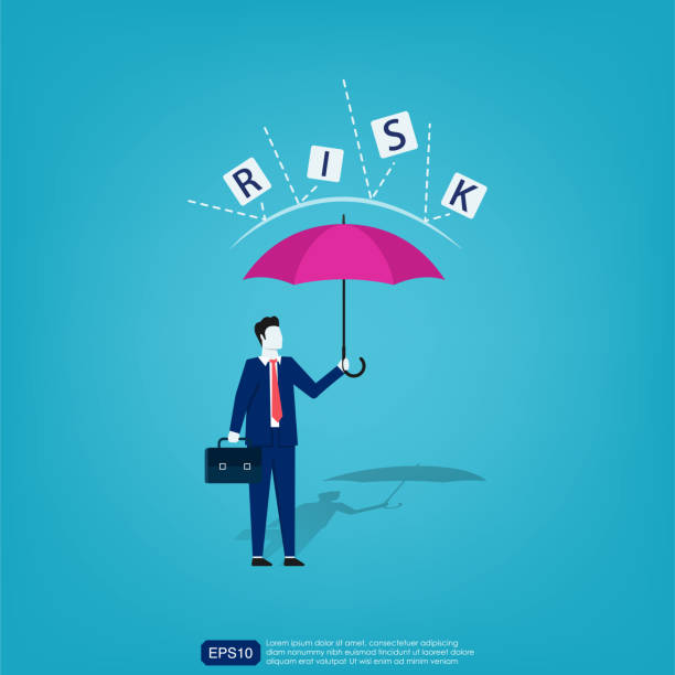 リスク管理の概念。リスクの言葉から身を守るために傘を持つビジネスマンのキャラクター。ビジネステンプレート、メタファーベクトルイラスト - food chain illustrations点のイラスト素材／クリップアート素材／マンガ素材／アイコン素材