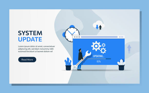 illustrations, cliparts, dessins animés et icônes de modèle de page de destination du concept de mise à jour du système. le personnage de l’homme utilise une clé pour mettre à niveau l’illustration vectorielle logicielle. - repairing