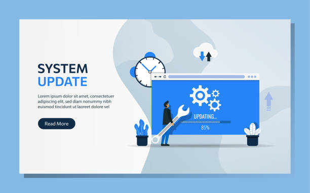 Landing page template of system update concept. Man character uses wrench to upgrade software vector illustration. Landing page template of system update concept. Man character uses wrench to upgrade software vector illustration. web page stock illustrations