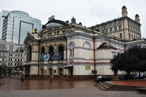Kyiv, Ukraine - September 27, 2019: The National Opera of Ukraine on a rainy day.