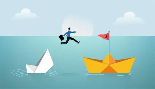 Vector illustration of Businessman jump over new paper ship concept. Business symbol vector illustration