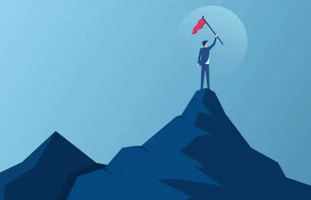 Vector illustration of Businessman holding red flag on top of mountain, business, success, leadership, achievement and people concept