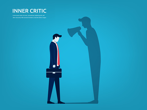 Inner critic concept, businessman and his shadow vector illustration