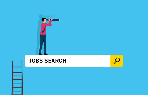 Looking for new job. businessman climb up ladder of job search bar with telescope to see opportunity. Looking for new job. businessman climb up ladder of job search bar with telescope to see opportunity. job search stock illustrations
