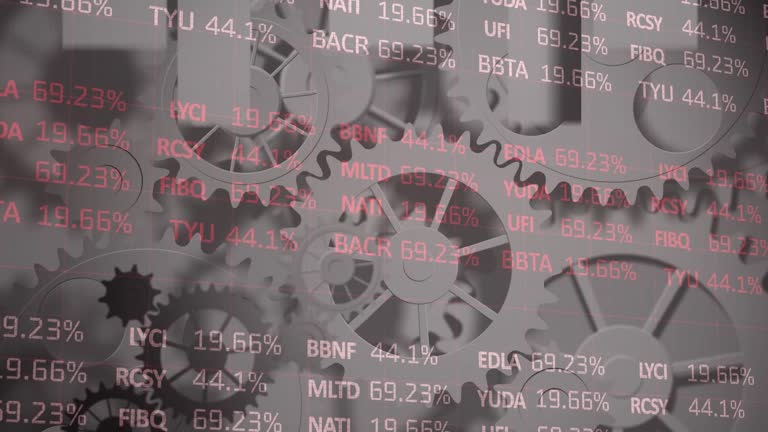 Animation of stock market data over arrows and moving gears