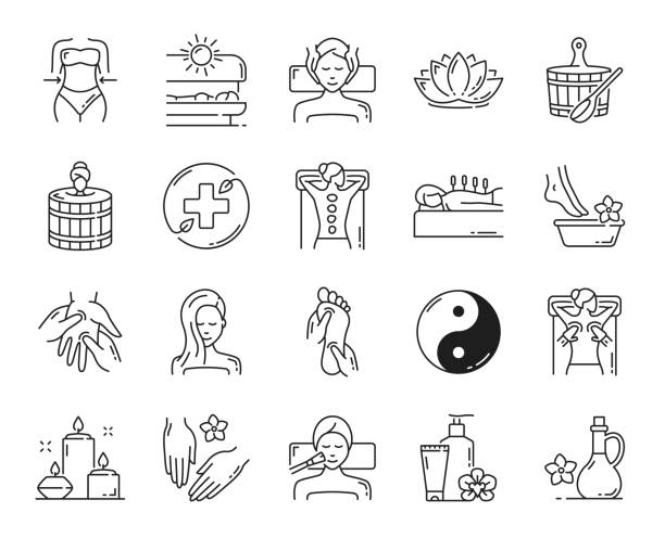 Beauty spa, face skin and body health care icons Beauty spa, face skin and body health care, massage outline icons. Vector woman figure, solarium and lotus flower with sauna bucket and spoon. Stone therapy, acupuncture and feet bathing body care spa stock illustrations
