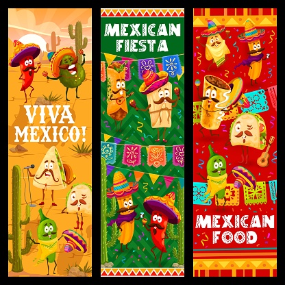 Mexican fiesta and party, cartoon mexican tacos and enchilada, burrito, churros and jalapeno, nachos and avocado musician characters. Vector banners holiday event with tex mex fast food personages