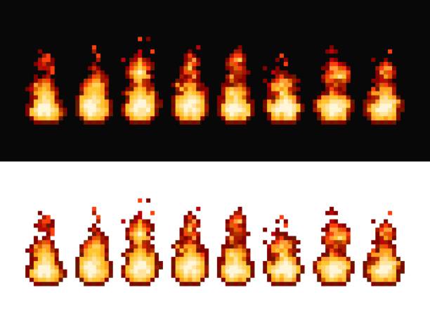 feuerflamme pixel art animation sprite frames, 8bit - flame fire fireball exploding stock-grafiken, -clipart, -cartoons und -symbole