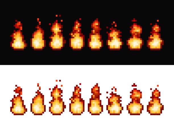 ilustraciones, imágenes clip art, dibujos animados e iconos de stock de fotogramas de sprite de animación de pixel art de llama de fuego, 8 bits - fireball flame fire bomb