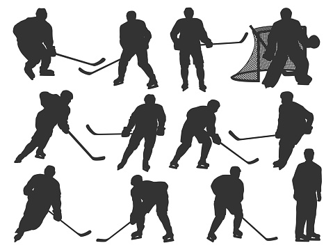 Ice hockey players vector silhouettes, forward with stick controlling puck and attacking, ice skating defender, goaltender or goalie in protective outfit standing near goal, referee