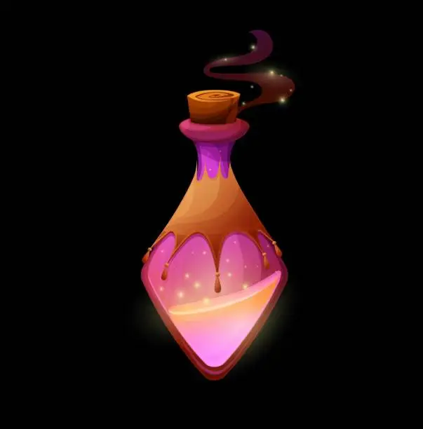 Vector illustration of Potion bottle with magic sand, vector glow flask