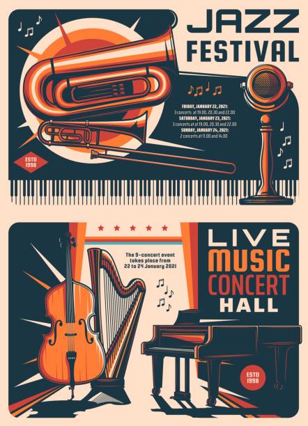 festiwal jazzowy i koncert muzyczny retro plakaty - brass instrument obrazy stock illustrations