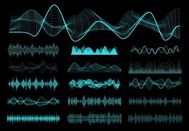 HUD sound frequency, audio equalizer vector waves HUD sound waves, audio equalizer and voice control frequency flow elements set. Radio signal, music waveform and soundwave spectrum, sound volume, vibration power neon vector curves frequency stock illustrations