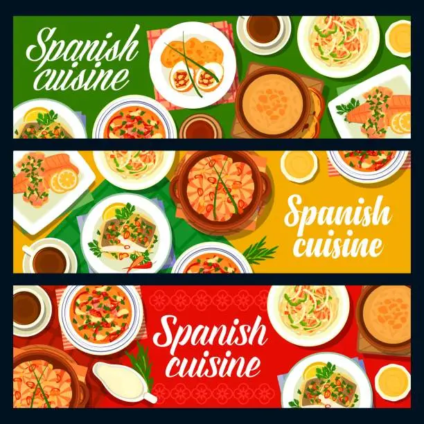 Vector illustration of Spanish cuisine food menu, dishes meals banners