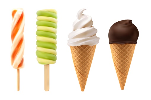 Soft serve realistic ice cream, caramel waffle cone, frozen fruit ice, vector sweet food. Chocolate ice cream scoop in wafer or sundae sorbet, icecream for cafe and gelateria fast food frozen desserts