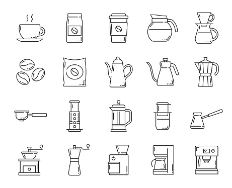 Coffee drink accessories outline icons. Drip and espresso coffee machine, steaming cup and beans bag, grinder, cezve and moka, filter coffee, hot mug, French and American press line vector pictogram