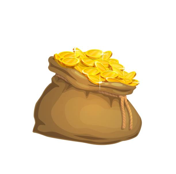 Cartoon treasure bag with gold coins Cartoon treasure bag with gold coins. Vector isolated money bag, old sack or ancient purse with rope full of golden cash and currency. Game prize, rich, jackpot, wealth or finance themes bag of coins stock illustrations