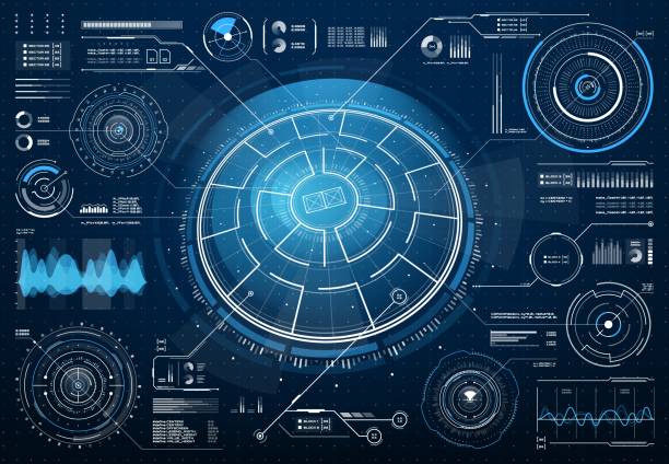 illustrazioni stock, clip art, cartoni animati e icone di tendenza di interfaccia vettoriale hud sci fi con target circolari - radar technology backgrounds circle