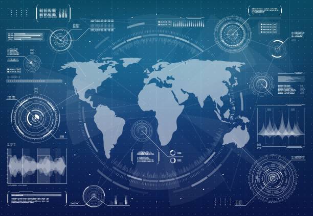 HUD military control interface with world map HUD futuristic Earth planet world map hologram with digital interface. Military control, world economy and finances virtual diagram. Sci Fi vector infographics, satellite spy or command interface military infographic elements stock illustrations