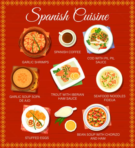 ilustrações de stock, clip art, desenhos animados e ícones de spanish cuisine food menu, tapas and spain dishes - stuffed