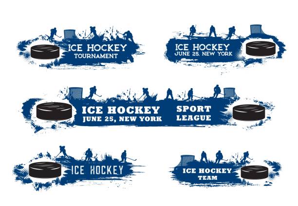 illustrations, cliparts, dessins animés et icônes de bannières grunge de sport de hockey sur glace avec des joueurs - ice hockey hockey puck playing shooting at goal