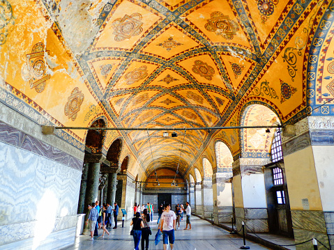 Istanbul, Turkey - February 3, 2011: Expansive interior view of 2nd-floor walkway inside the iconic Hagia Sophia in Istanbul's Old City