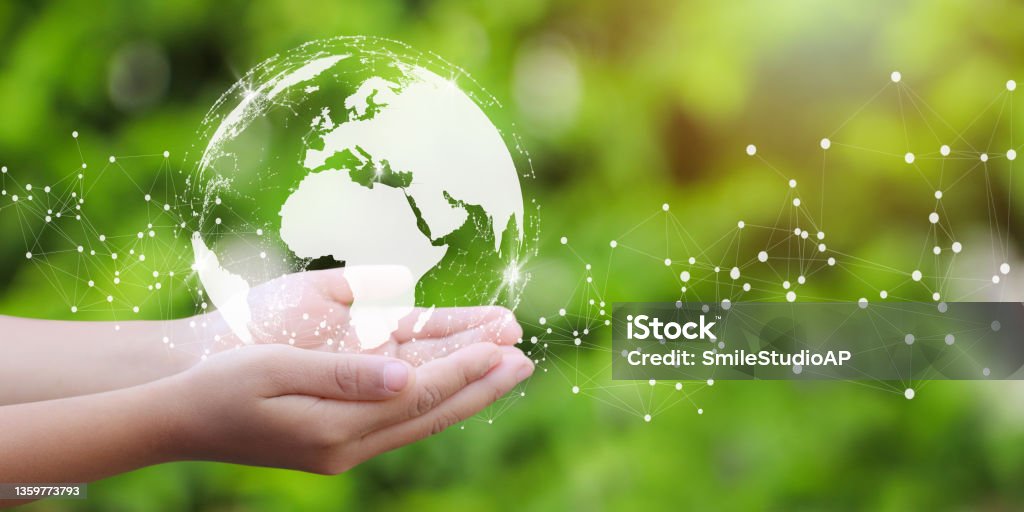 Woman holding icon of Earth. Woman holding icon of Earth. Concept day earth Save the world save environment. Ecology concept. Globe - Navigational Equipment Stock Photo