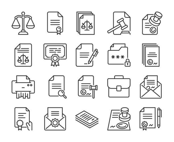 symbole für rechtsinstrumente. rechtsdokumente formulare und verträge zeilensymbol-set. bearbeitbarer strich. - juristisches dokument stock-grafiken, -clipart, -cartoons und -symbole