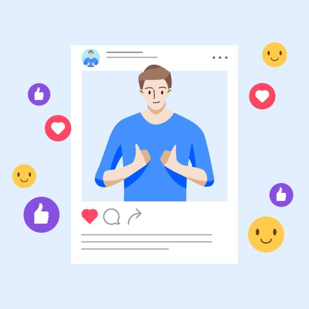 Male thumbs up in social media post. Male thumbs up in social media post. Social media concept. Hand draw style. Vector illustration. influencer stock illustrations