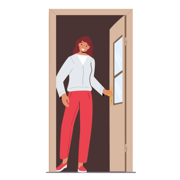 молодая женщина-персонаж открывает дверь, веселая женщина стоят у открытого дверного проема, изолированного на белом фоне - door opening women doorway stock illustrations