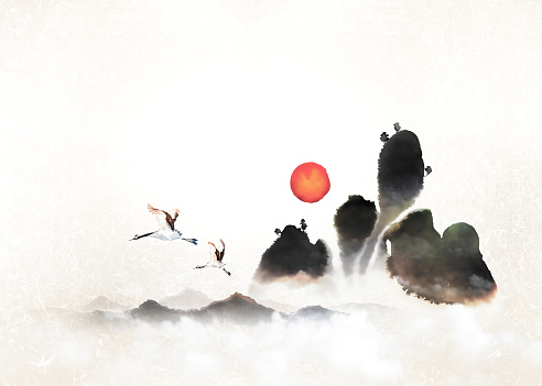 Bright new year, beautiful sunrise, oriental painting