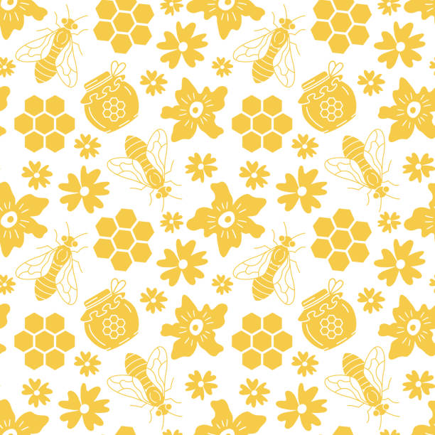 ilustraciones, imágenes clip art, dibujos animados e iconos de stock de sin costura patrón de abejas y flores. - honey hexagon honeycomb spring