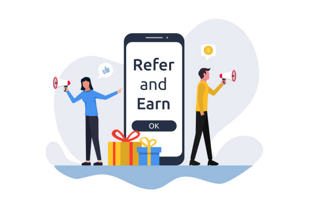 Refer and earn concept. Business partnership strategy vector illustration Refer and earn concept. Business partnership strategy vector illustration all people stock illustrations