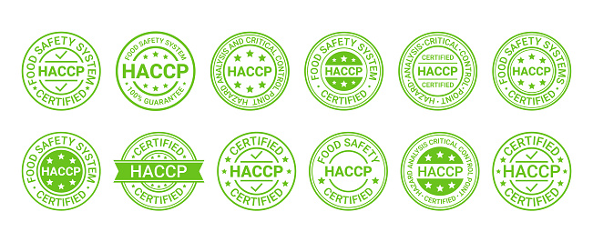 HACCP stamps. Food safety system badge. Certified emblem. Hazard analysis and Critical Control Points seal imprint. Quality warranty marks. Set icons isolated on white background. Vector illustration