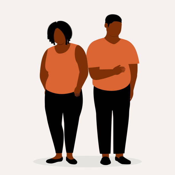 Obesity Black Man And Woman. Obesity Black Man And Woman Standing. Full Length, Isolated On Solid Color Background. Vector, Illustration, Flat Design, Character. obesity stock illustrations