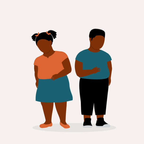 fettleibigkeit schwarzer junge und mädchen. - child obesity stock-grafiken, -clipart, -cartoons und -symbole