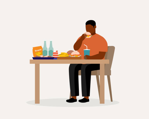 Fat Man Overeating With Unhealthy Food And Drinks. Binge Eating. Overweight Man Having Unhealthy Food And Drinks. Full Length, Isolated On Solid Color Background. Vector, Illustration, Flat Design, Character. greedy stock illustrations