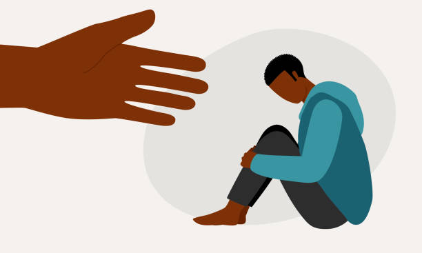 Depressed Black Man With A Helping Hand. Mental Health Support. Depressed Black Man With Hugging Knees And Head Down Receiving Help And Support. Full Length, Isolated On Solid Background. Vector, Illustration, Flat Design, Character. support clipart stock illustrations