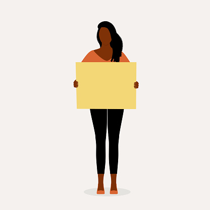 Black Woman Holding A Blank Rectangle Sign. Notice And Announcement.