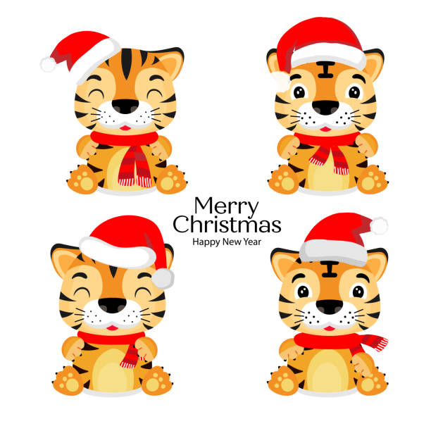 istock Set of  Christmas tiger cartoon character. 1359788594